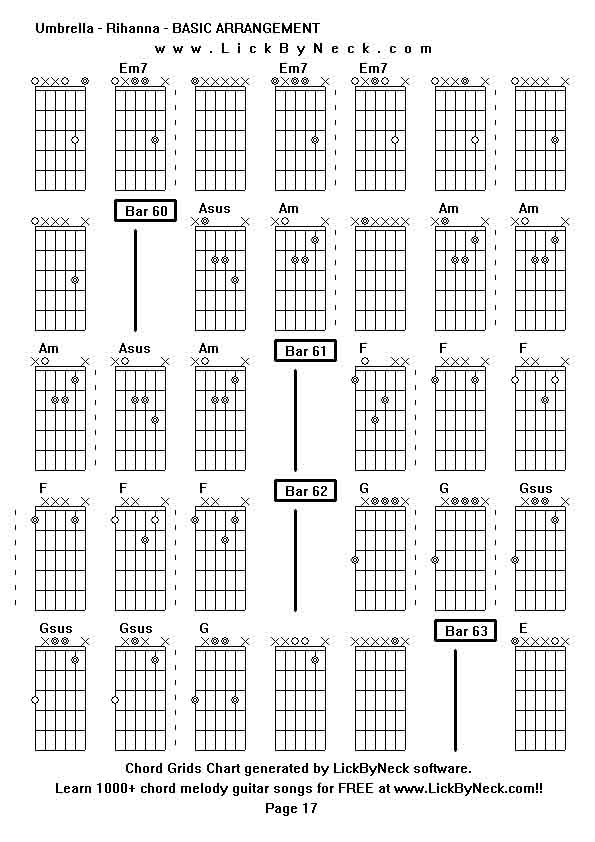 Chord Grids Chart of chord melody fingerstyle guitar song-Umbrella - Rihanna - BASIC ARRANGEMENT,generated by LickByNeck software.